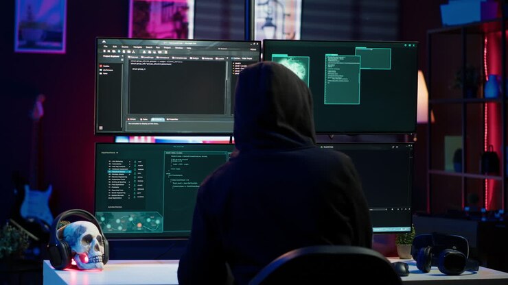 Hacker che abbatte le difese dei sistemi di sicurezza usando script illegali