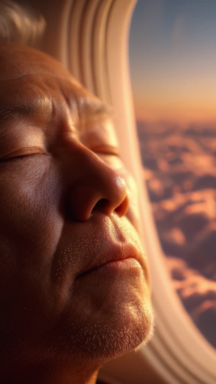 Ein ruhiger Sonnenuntergangsmoment: Ein älterer Mann sinniert am Flugzeugfenster und fängt die Schönheit der Sonne und Wolken über der Landschaft ein.