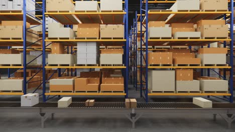 warehouse with cardboard boxes inside on pallets racks, logistic center. loft modern warehouse. cardboard boxes on a conveyor belt in a warehouse, 4k 3d rendering  animation .