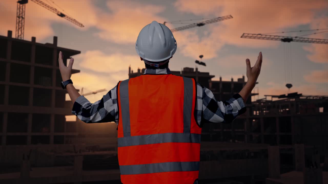 Back View Of A Male Engineer With Safety Helmet Spreading Arms While Standing At Building & Construction Site in Progress to New House