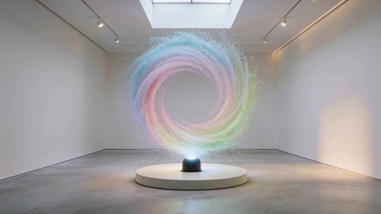 Powering on compact black emitter producing colorful vortex above plinth at gallery, displaying art