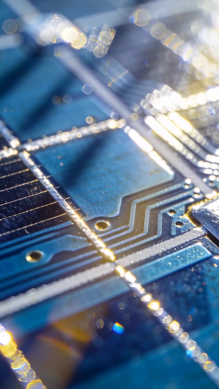 Vertical video: Racking focus lens revealing blue PCB, gold traces, solder pads, chip on workbench