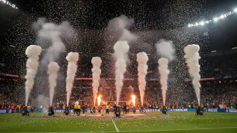 a spectacular celebration in a stadium with colorful confetti and dramatic pyrotechnics creating an energetic atmosphere for the crowd