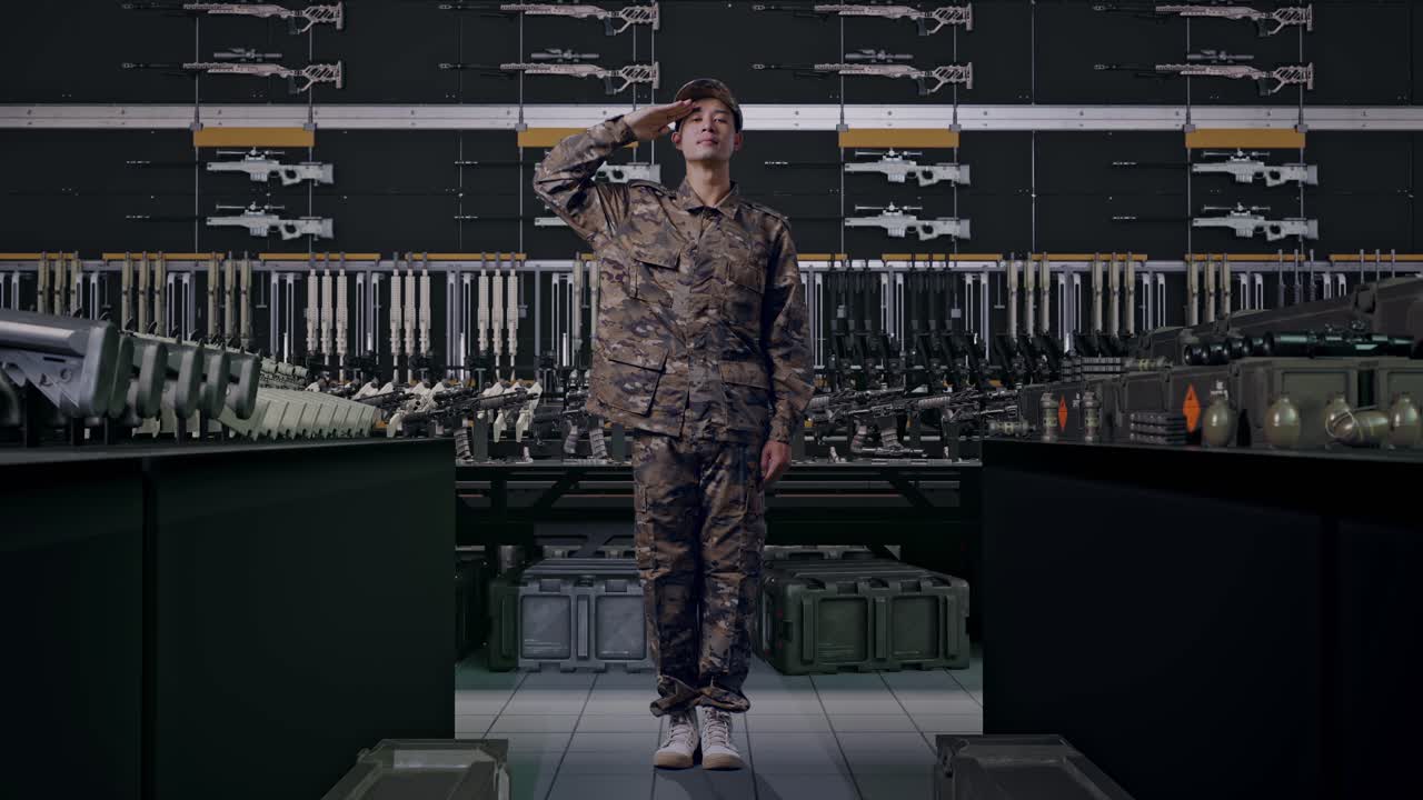 アジア人男性兵士が兵器庫で敬礼している全身図