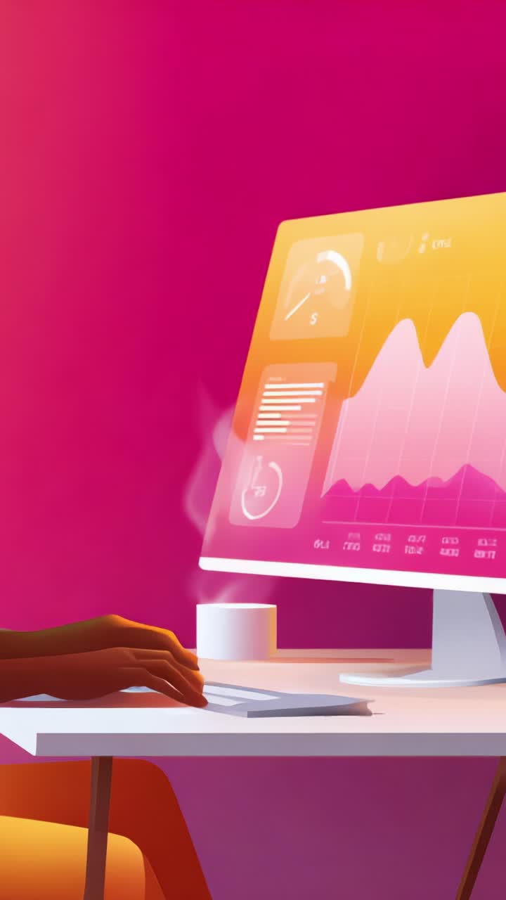 Et levende arbejdsområde med fokus på dataanalyse: Udforsk grafer, diagrammer og metrics på et moderne computer-setup i et farverigt miljø