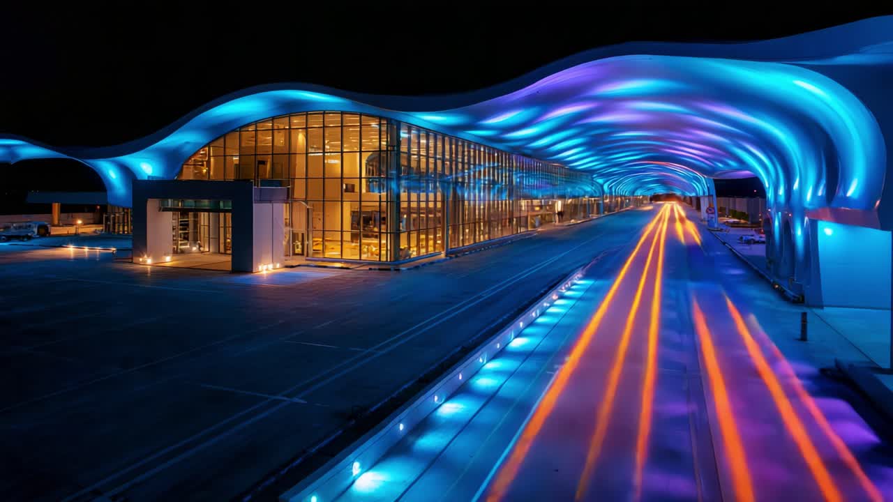 Striking Aesthetics of an Airport at Night: A Dreamy Scene Showcasing Futuristic Architecture, Vibrant Lighting, and Smooth Flowing Traffic Captured in Stunning Detail