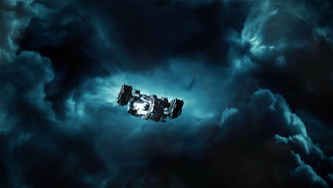 dropship flying through storm clouds towards the camera