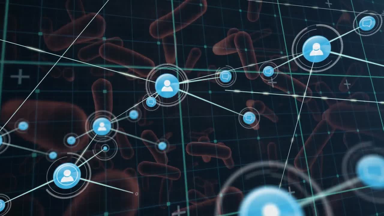 red de iconos de perfil sobre red de cuadrícula contra múltiples vasos sanguíneos en fondo azul