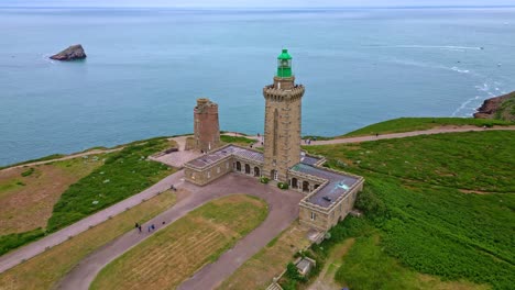 smooth approaching drone movement to the cap fréhel peninsula monument lighthouse, côtes-d'armor, brittany, france.
