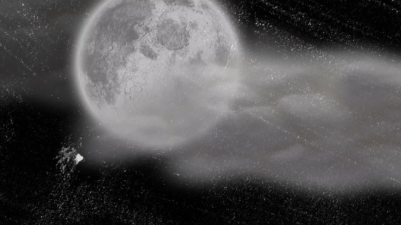 animación de arañazos blancos sobre una nube blanca que se mueve a través de la luna en el cielo nocturno