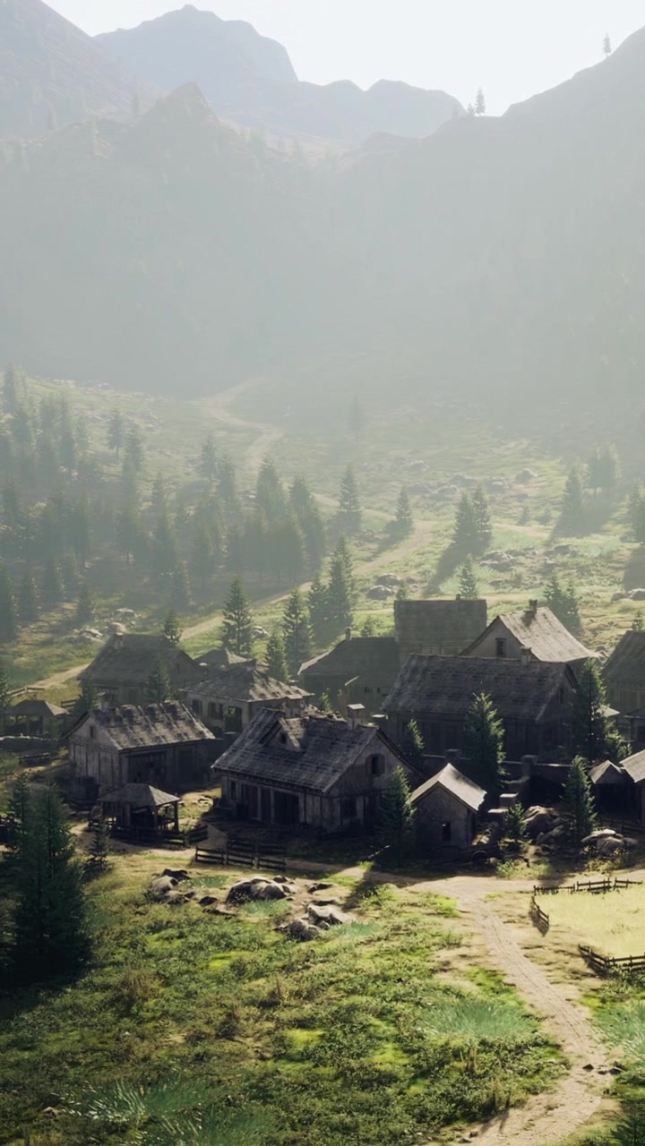 Antiga aldeia em área montanhosa com árvores ao fundo em um dia ensolarado.