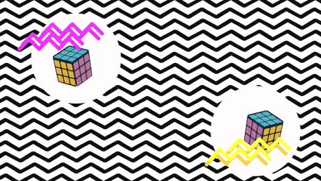 cubos de rubik en el fondo de estilo retro de memphis