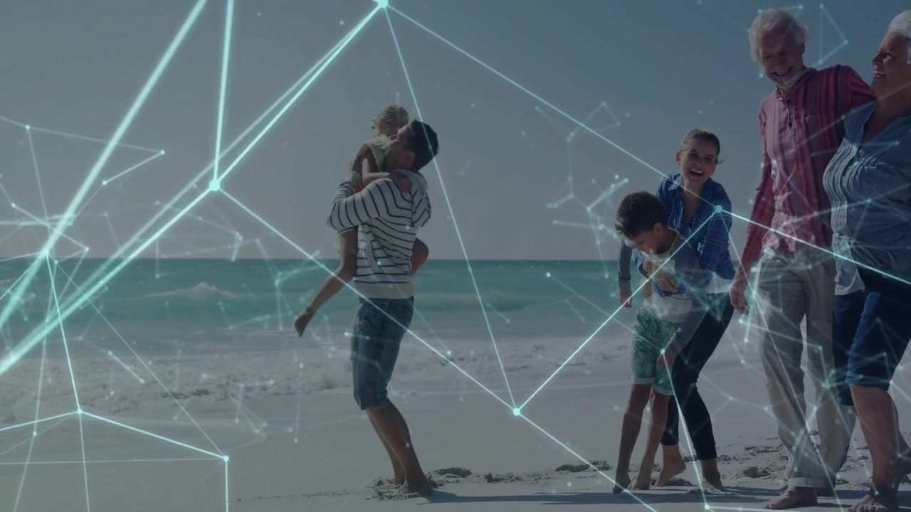 Dad bending to hug child lifting shoulder walking shore tech nodes drifting around family for play