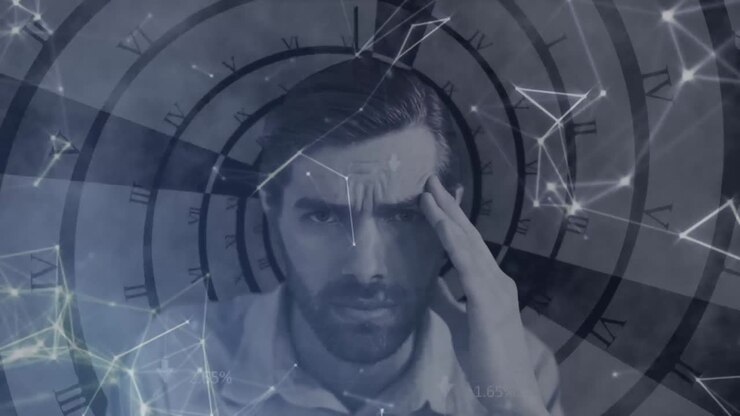 Animation of stressed man with network of connections and clock spinning in the background