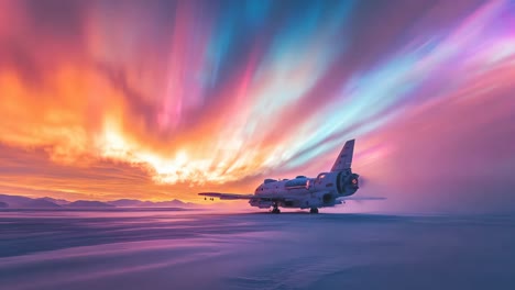 aurora borealis and airplane over frozen landscape