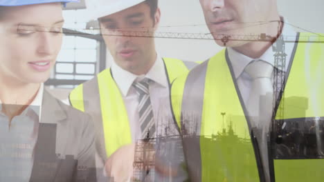 animation of building site over business people talking in office