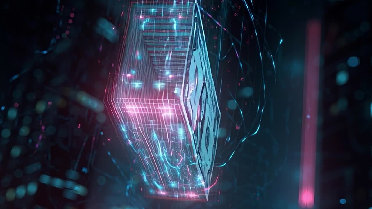Dollar bill suspended in vivid digital environment with neon lights