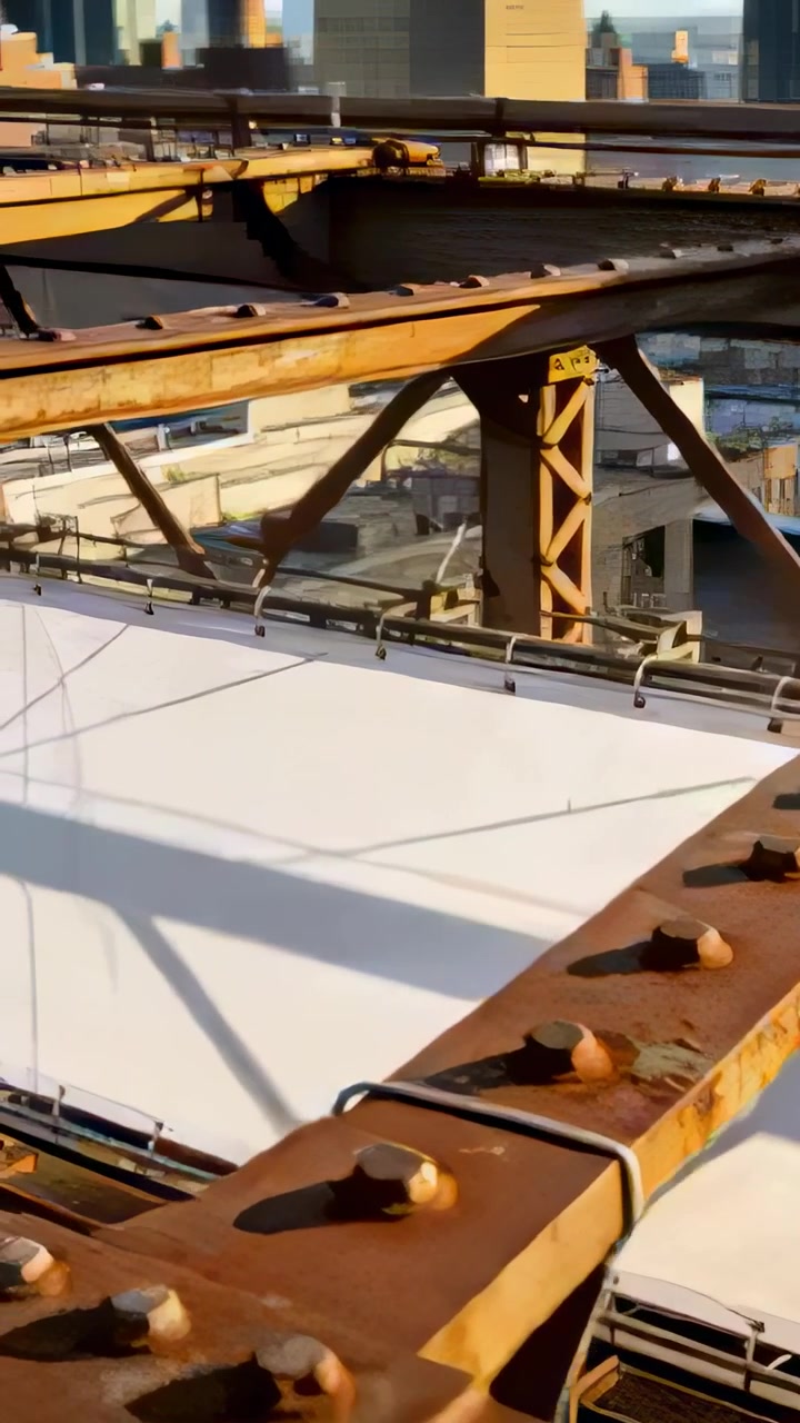 Vertical video: Panning camera revealing rusty beam on roof tarp exposing hex bolts for inspection