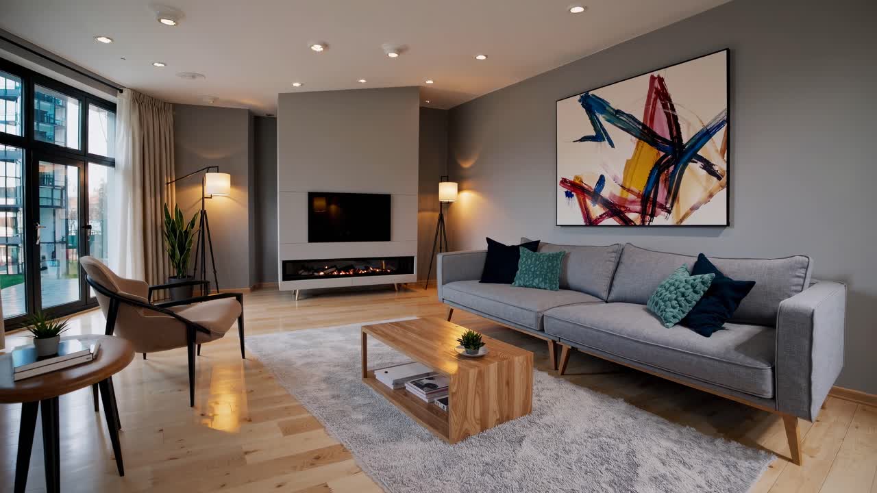 Modern living room with minimalist decor, shot from a wide-angle perspective