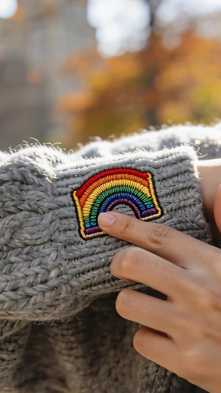 Video verticale: Toccando una toppa arcobaleno, mano destra che entra, che preme un maglione grigio nel parco per lisciarlo