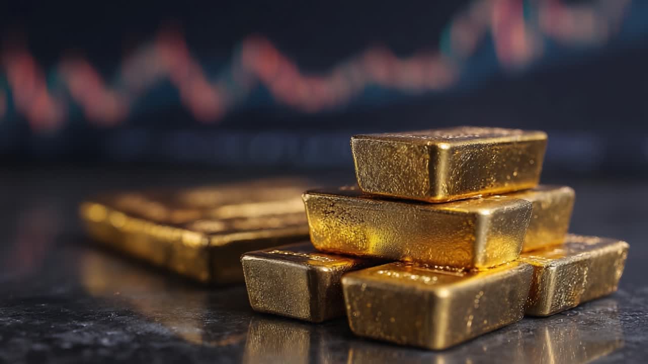 A captivating display of gleaming gold bars resting on a polished surface, symbolizing wealth, investment, and the allure of precious metals against a backdrop of fluctuating market trends