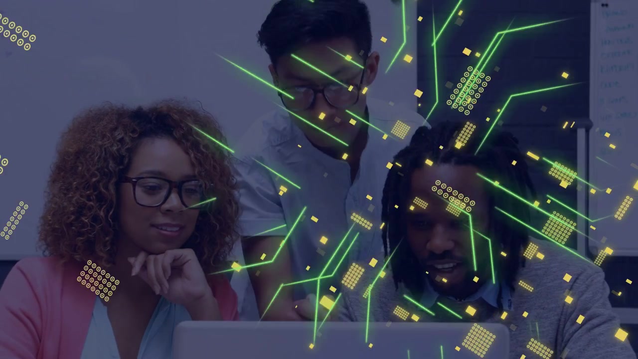 Standing man pointing laptop sparking team leaning reviewing app while overlay growing then fading