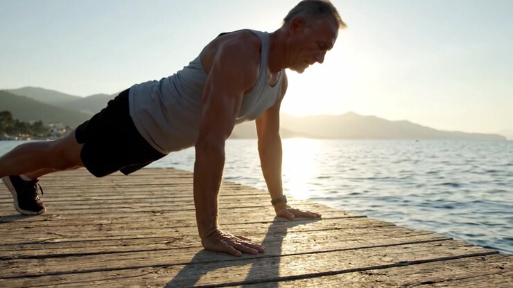 A Fit Man Performing Push-Ups at Sunset on a Scenic Pier Overlooking Calm Waters, Showcasing Strength and Determination by the Serene Landscape