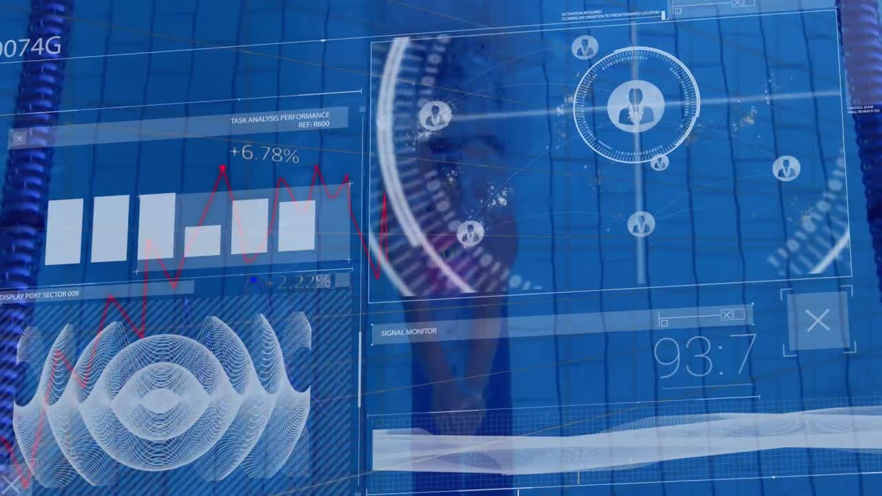 Animation of data processing over caucasian woman swimming