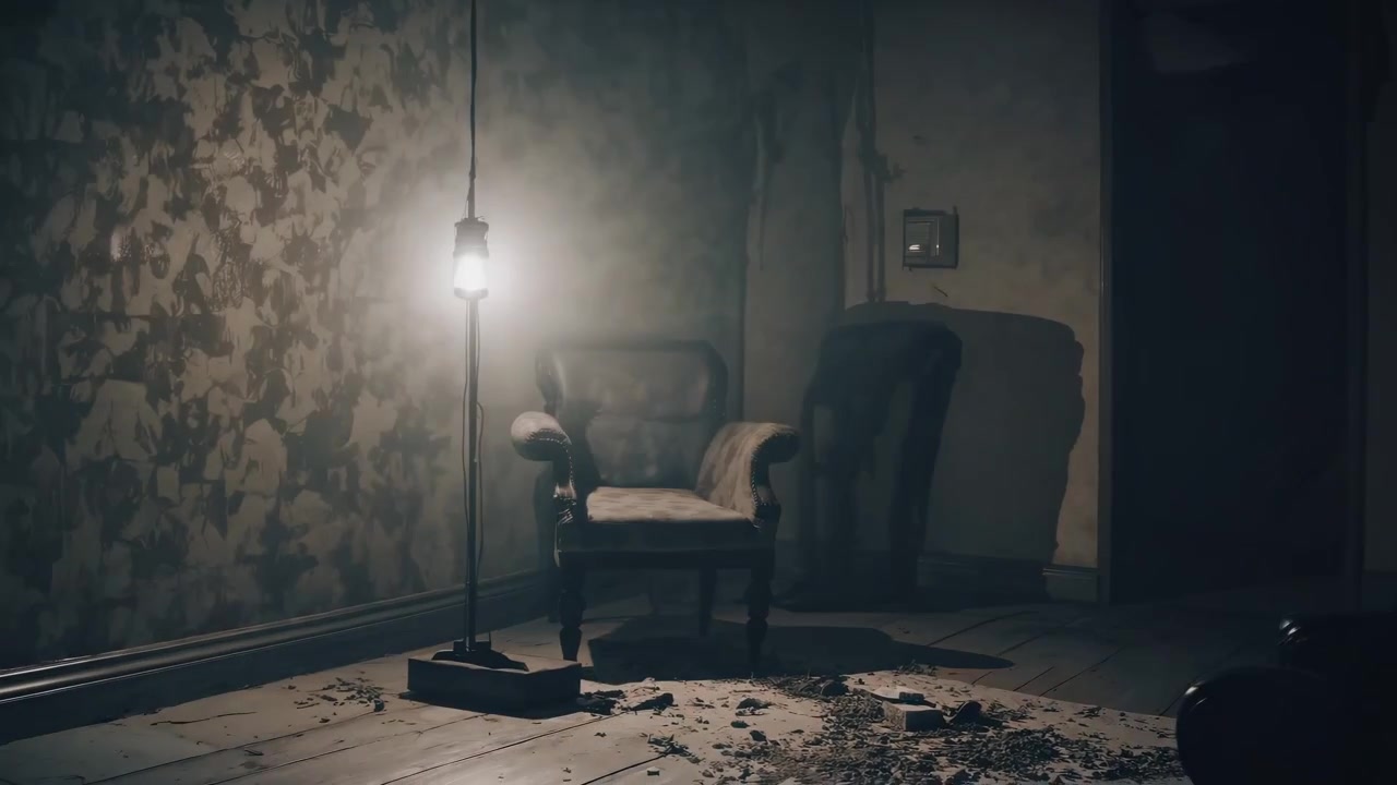 Dimly lit room with vintage chairs, viewed from a low angle