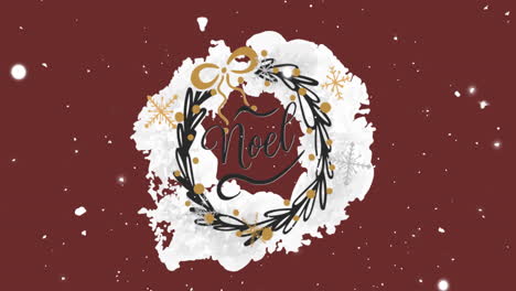 animation of snow falling and noel text on red background at christmas