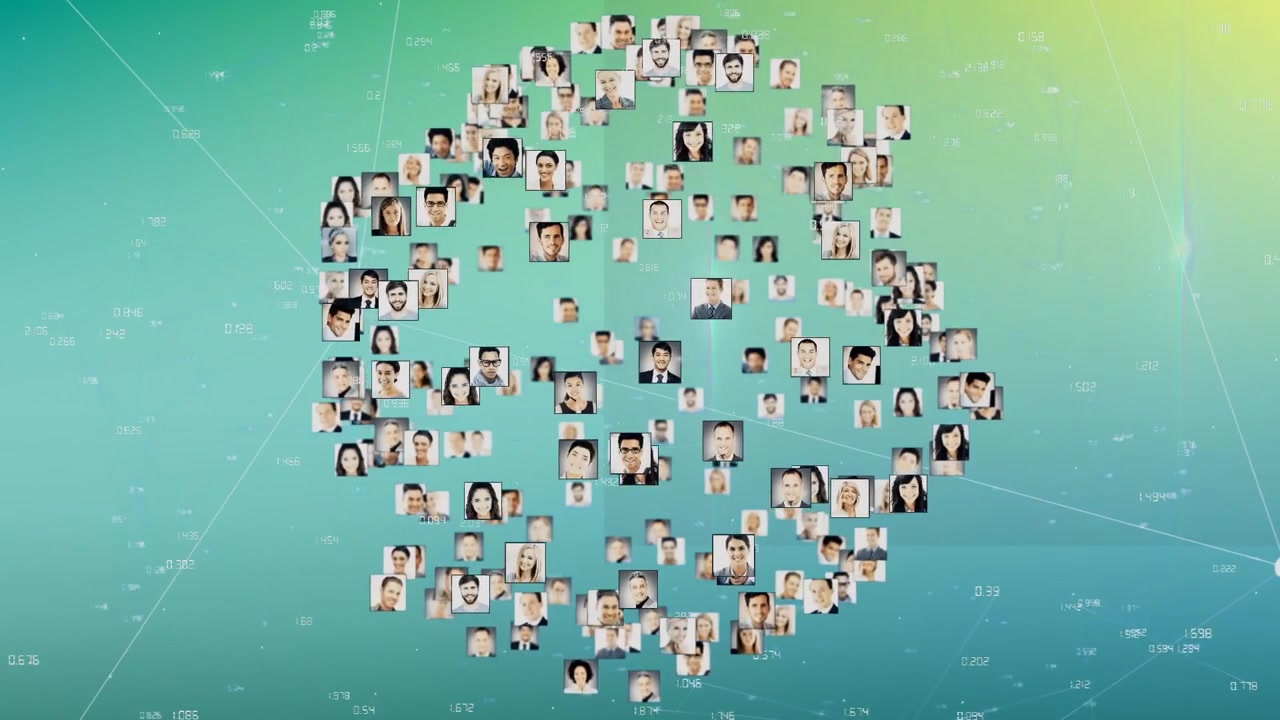 Ritratti aziendali che fluttuano in un grafico di rete tecnologica, con linee di collegamento che illustrano le relazioni tra i dati.