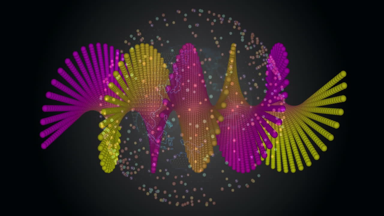 Colorful waveforms and particles animation over dark background