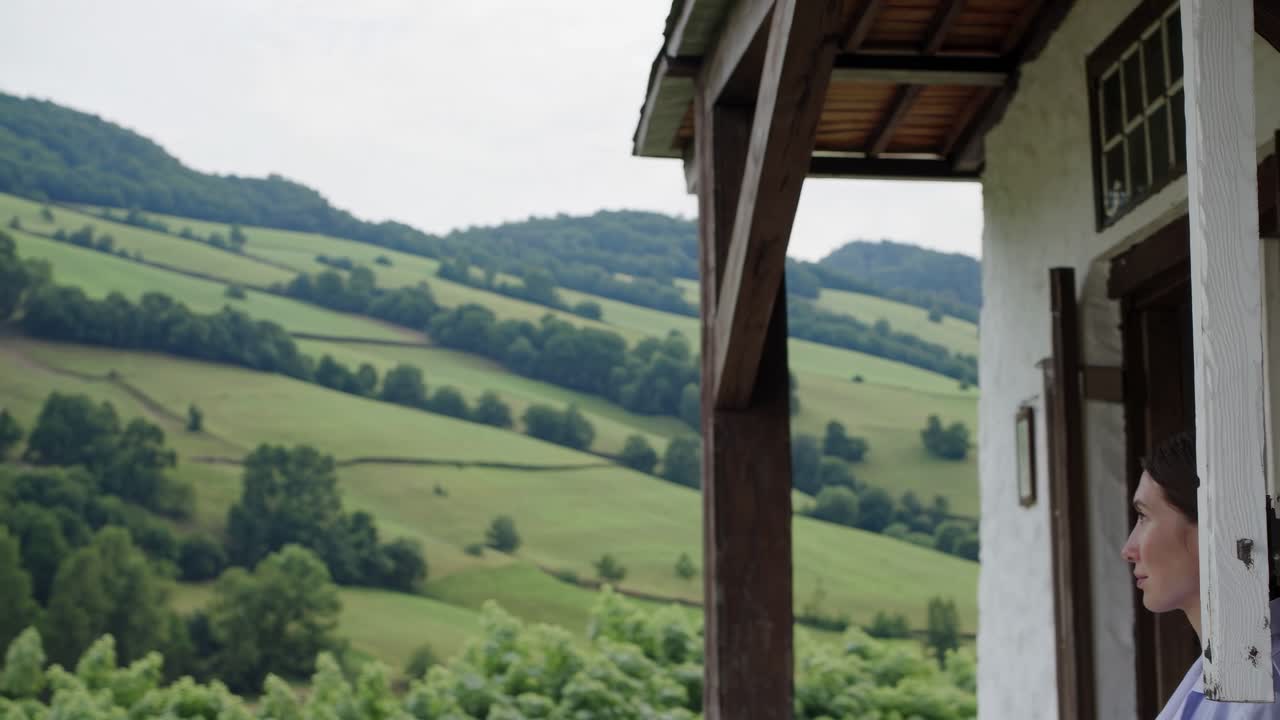 Female doctor standing in the doorway of a rural clinic, contemplating the serene landscape of rolling green hills, enjoying the tranquility of nature