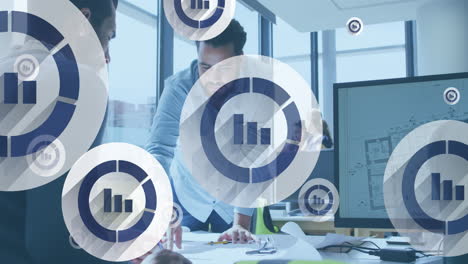 animation of graph icon in circles over diverse architects discussing floor plan on blueprint