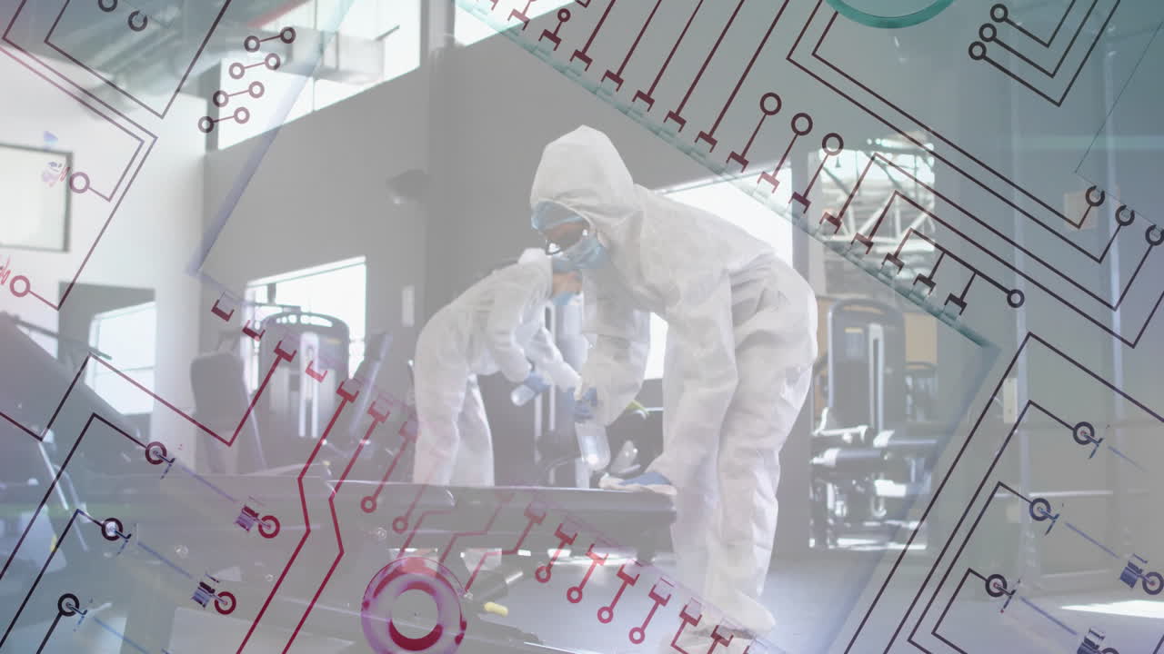 Scientists in protective suits working in lab over circuit board animation