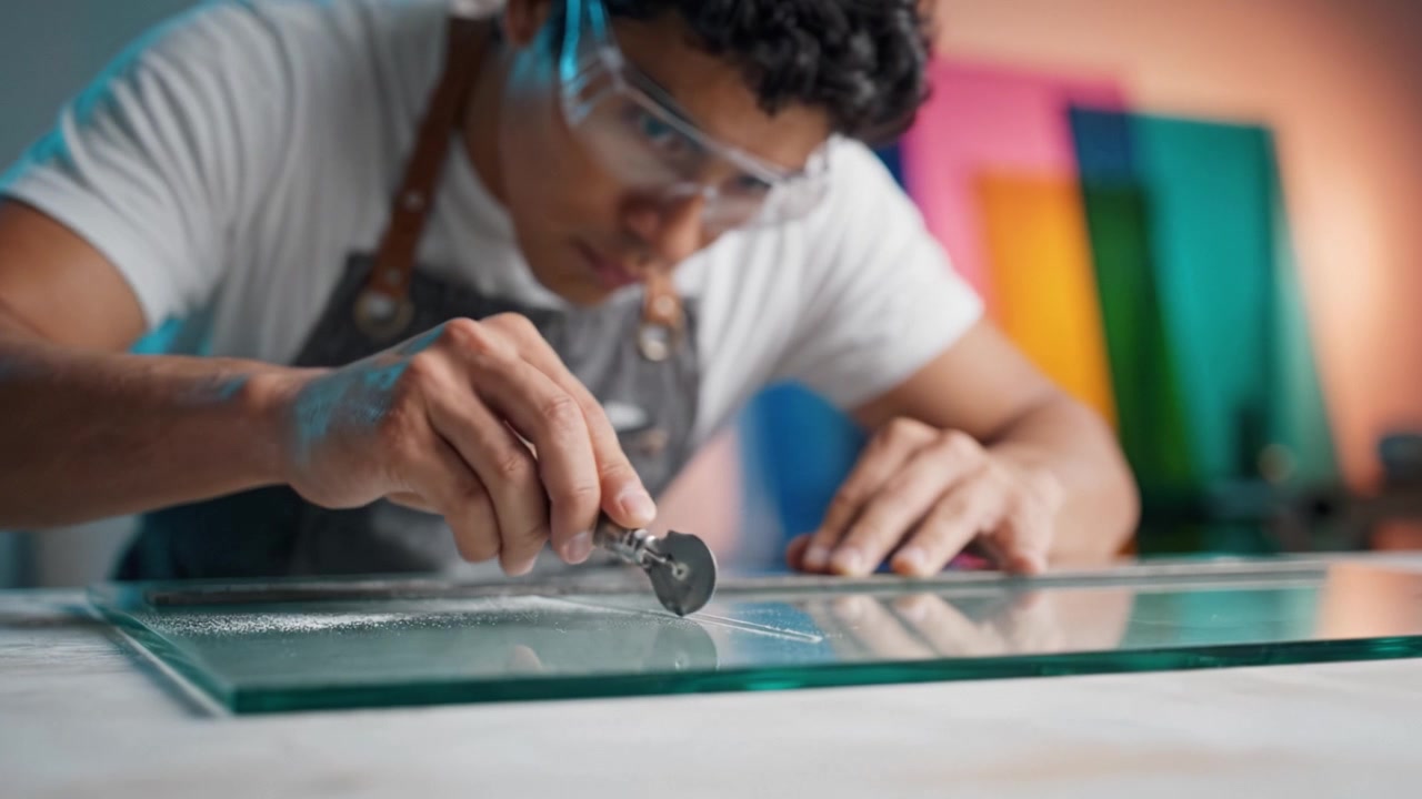 A skilled artisan meticulously cuts glass using a glass cutter, wearing protective eyewear, focused on creating precise shapes from glass sheets in a workshop.