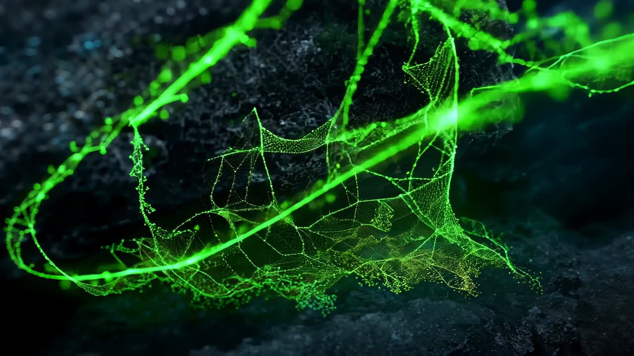 Glowing filament starting beneath rock overhang, neon green ribbon stretching and forming mesh