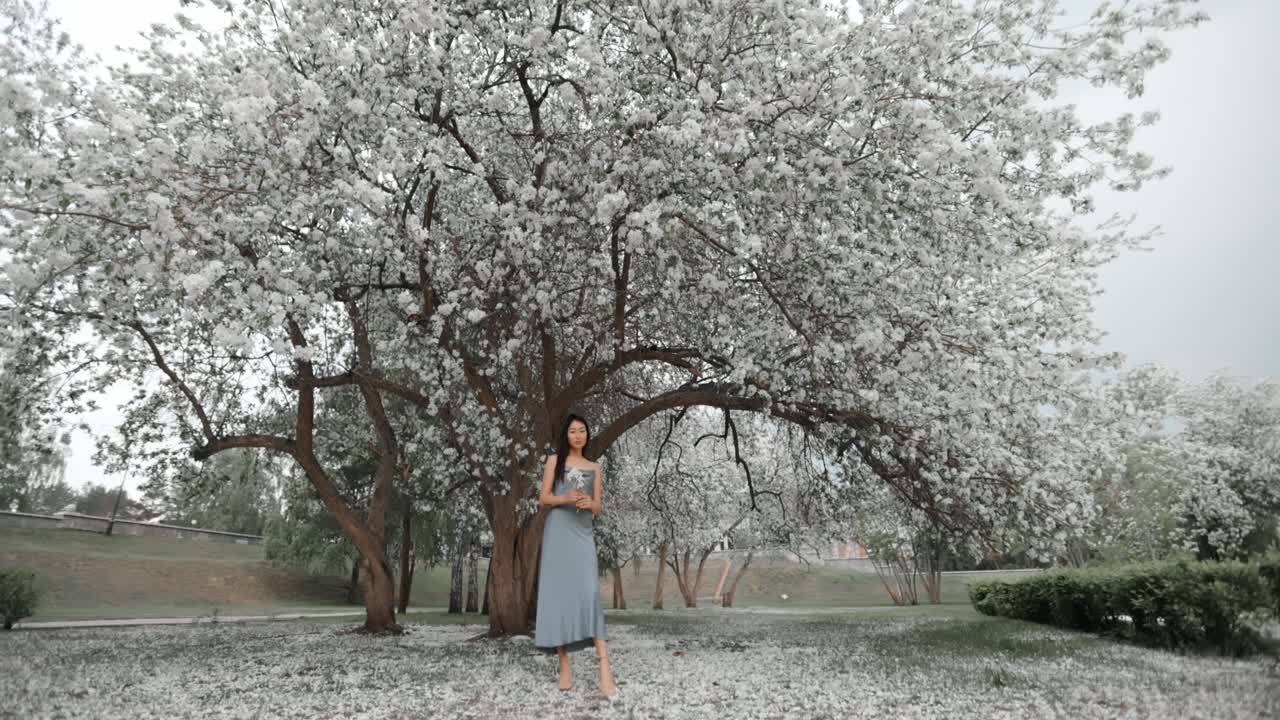 Woman in a Blue Dress Under a Blossoming Tree