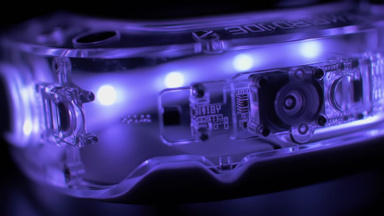 A Close-Up Exploration of a Futuristic Transparent Device Illuminated in Blue and Purple Lights, Showcasing Its Complex Internal Components and Unique Design Features