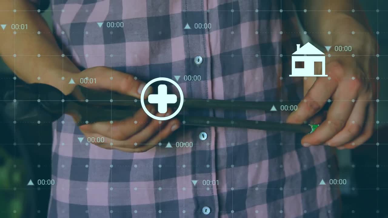 animación del procesamiento de datos financieros con iconos sobre un hombre caucásico con pinzas.