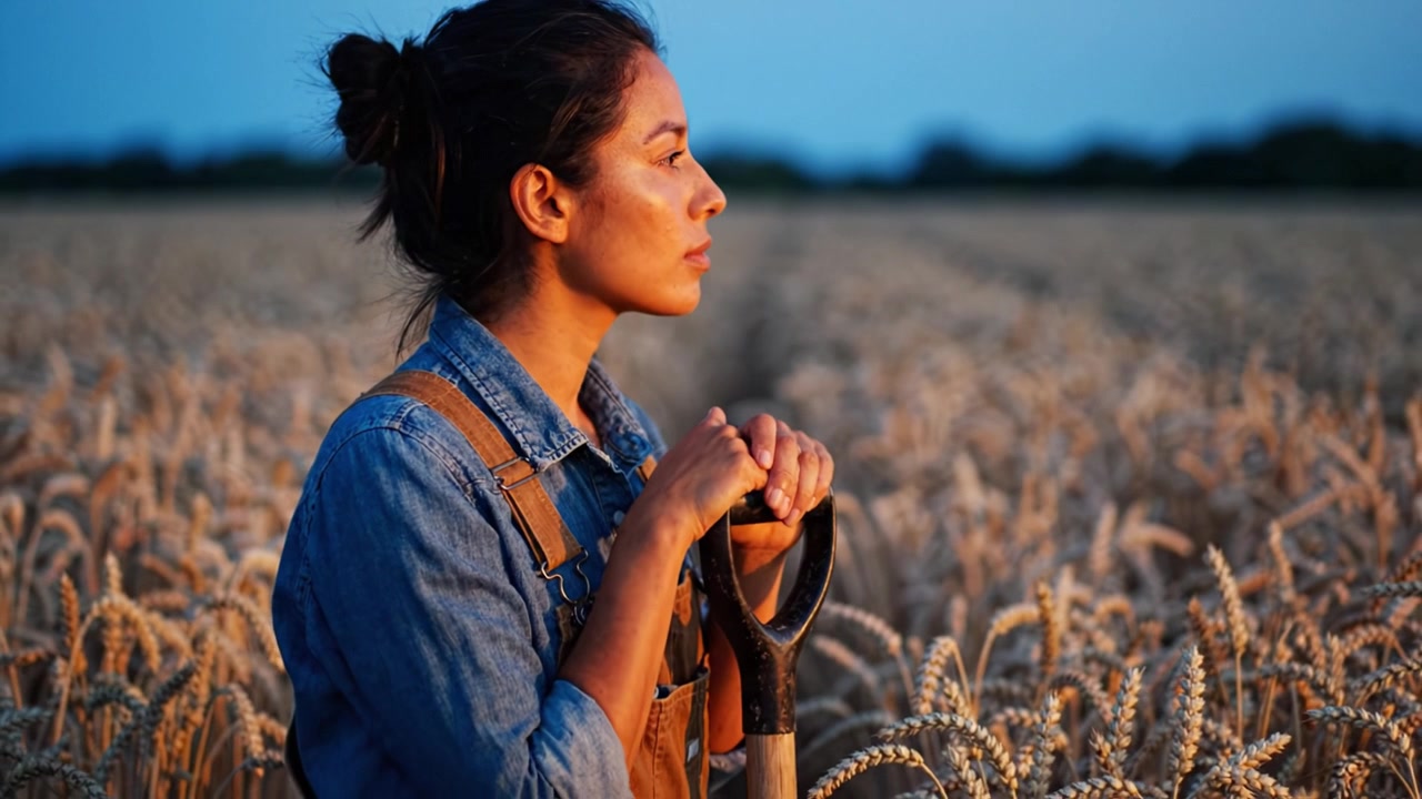 Una donna pensierosa riflette in un campo di grano dorato al tramonto, catturando la bellezza della natura e l'essenza della vita rurale in un momento sereno.