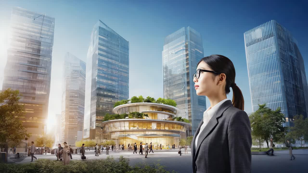 Modern cityscape with businesswoman