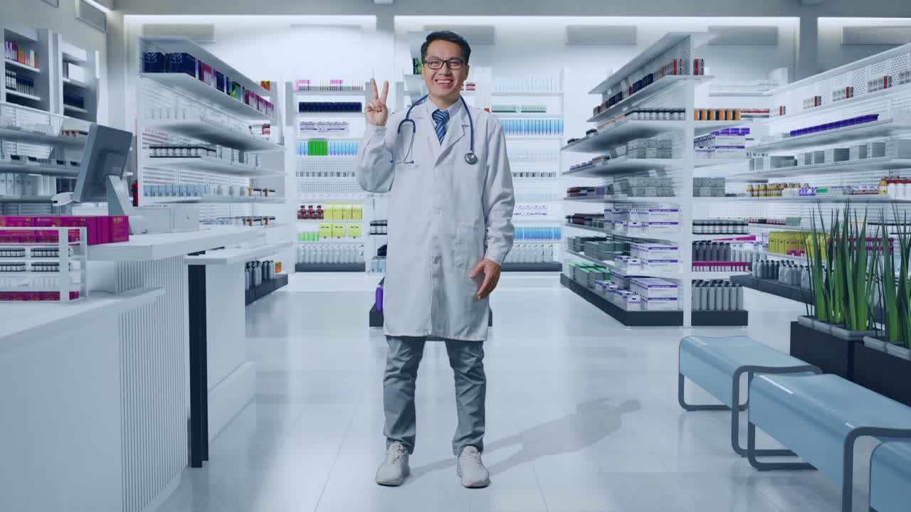 스테토스코프를 가진 아시아 남성 의사의 몸통이 가득 차 있습니다. 약국에서 평화와 미소를 짓는 몸짓을 보여줍니다.