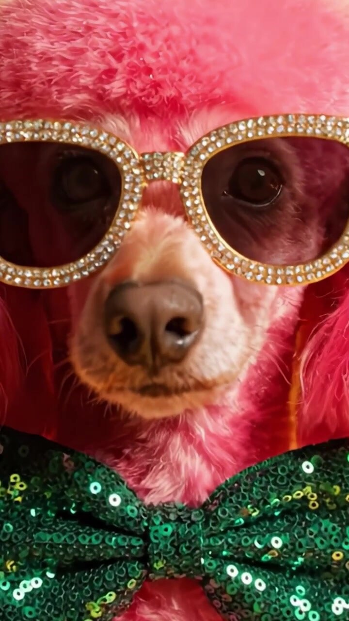Un barboncino rosa glamour con occhiali da sole scintillanti e un papillon verde lucido, che irradia fascino e giocosità, su uno sfondo dorato luminoso.