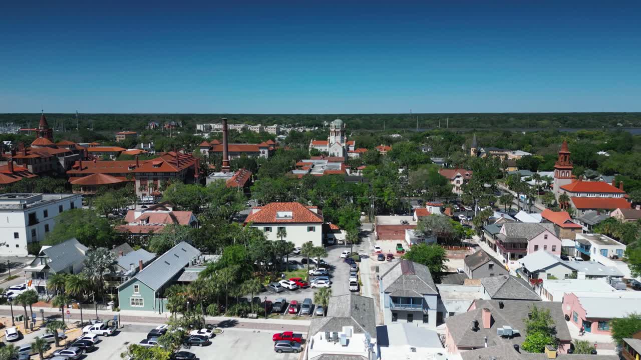 A drone shot of the Spanish quarter showing off an old church and an old smokestack in St Augustine Florida