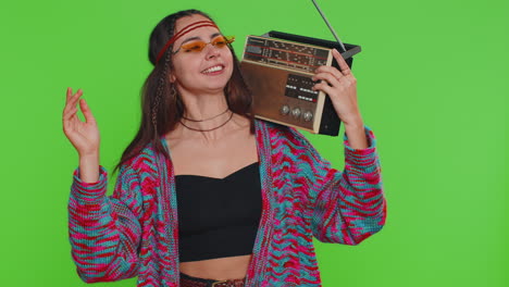 Woman-using-retro-tape-record-player-to-listen-music-disco-dancing-of-favorite-track-having-fun