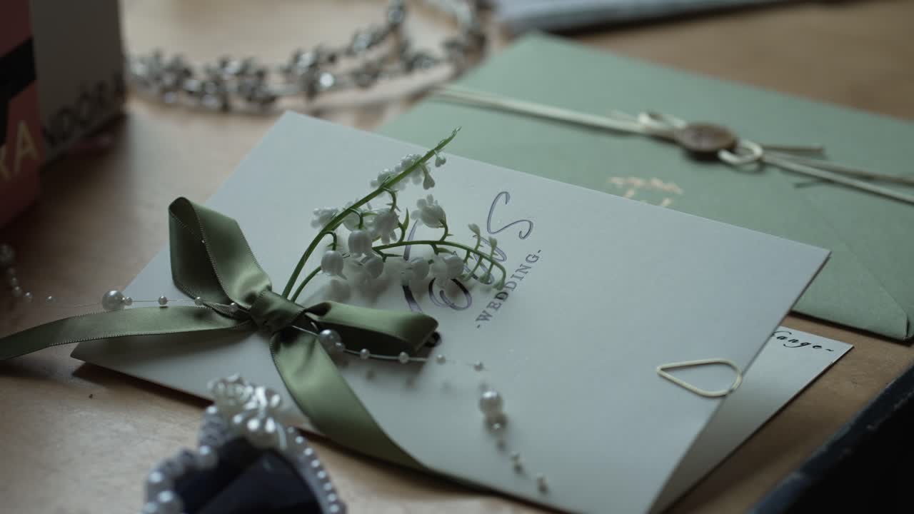 closeup of wedding card decorated with ribbon pearl string and flowers