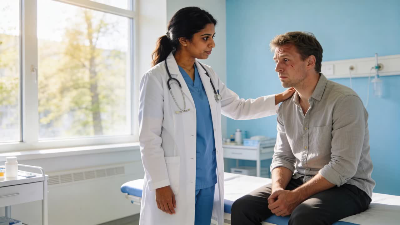 Medica che appoggia una mano e parla accanto al paziente sul lettino da visita, spiegando la diagnosi