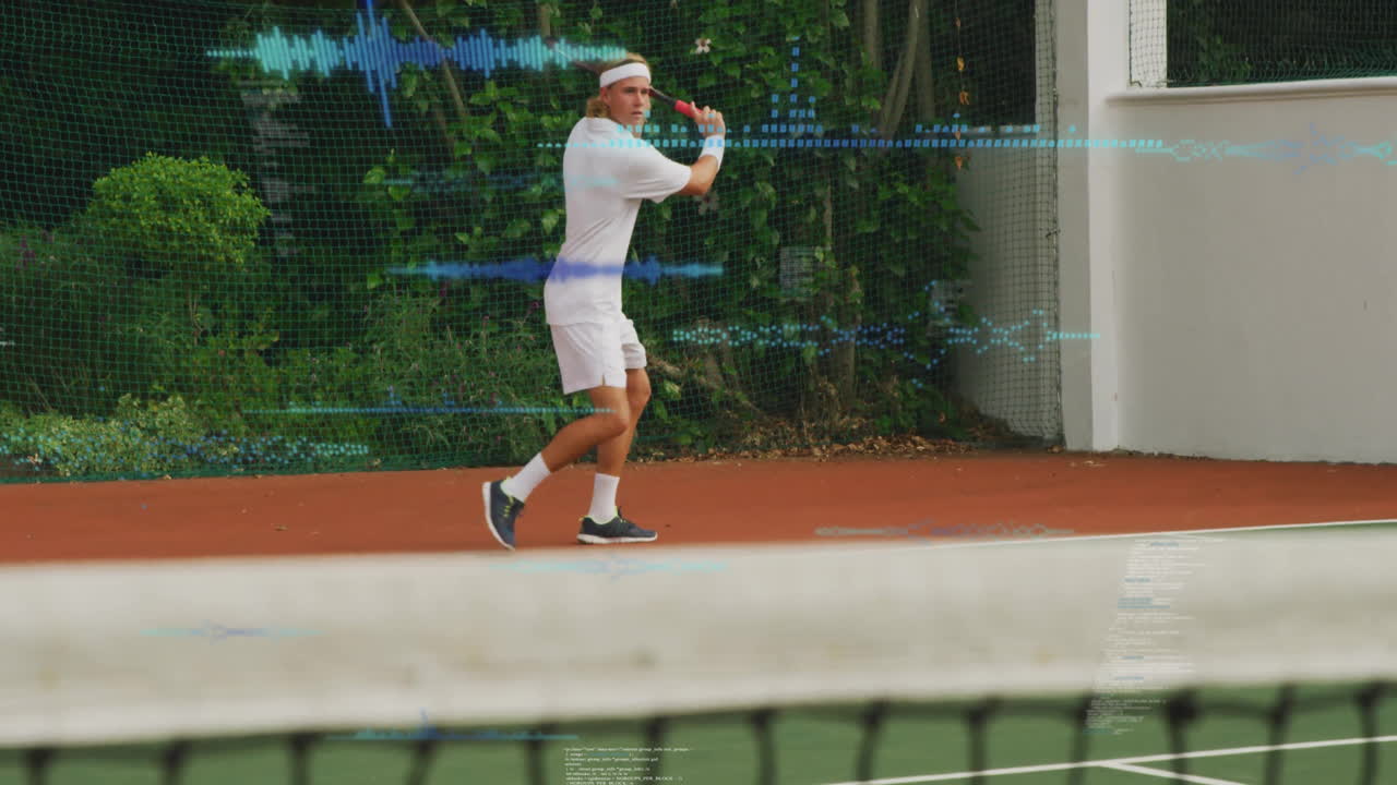 male tennis player performing backhand swing on clay court, displaying sports analytics waveforms