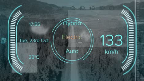 animation of electric car data processing over road and landscape